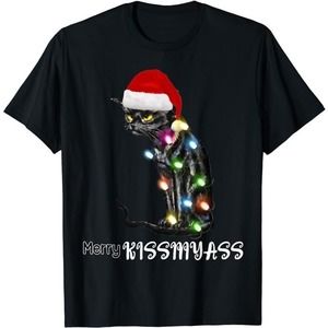 Merry Kissmyass Funny Cat Christmas Lights T-Shirt